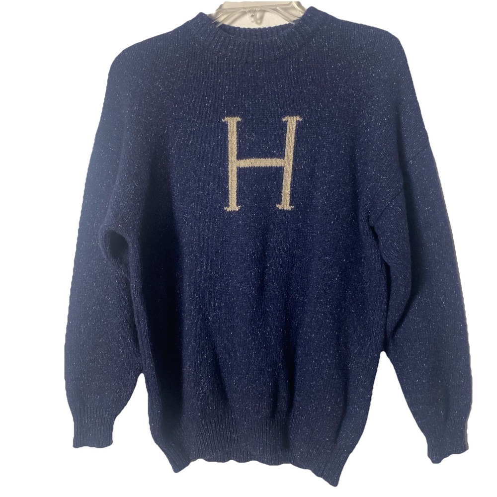 Harry Potter Blue Knit Sweater Letter H Crewneck Pullover Wool Silk Blend Size L